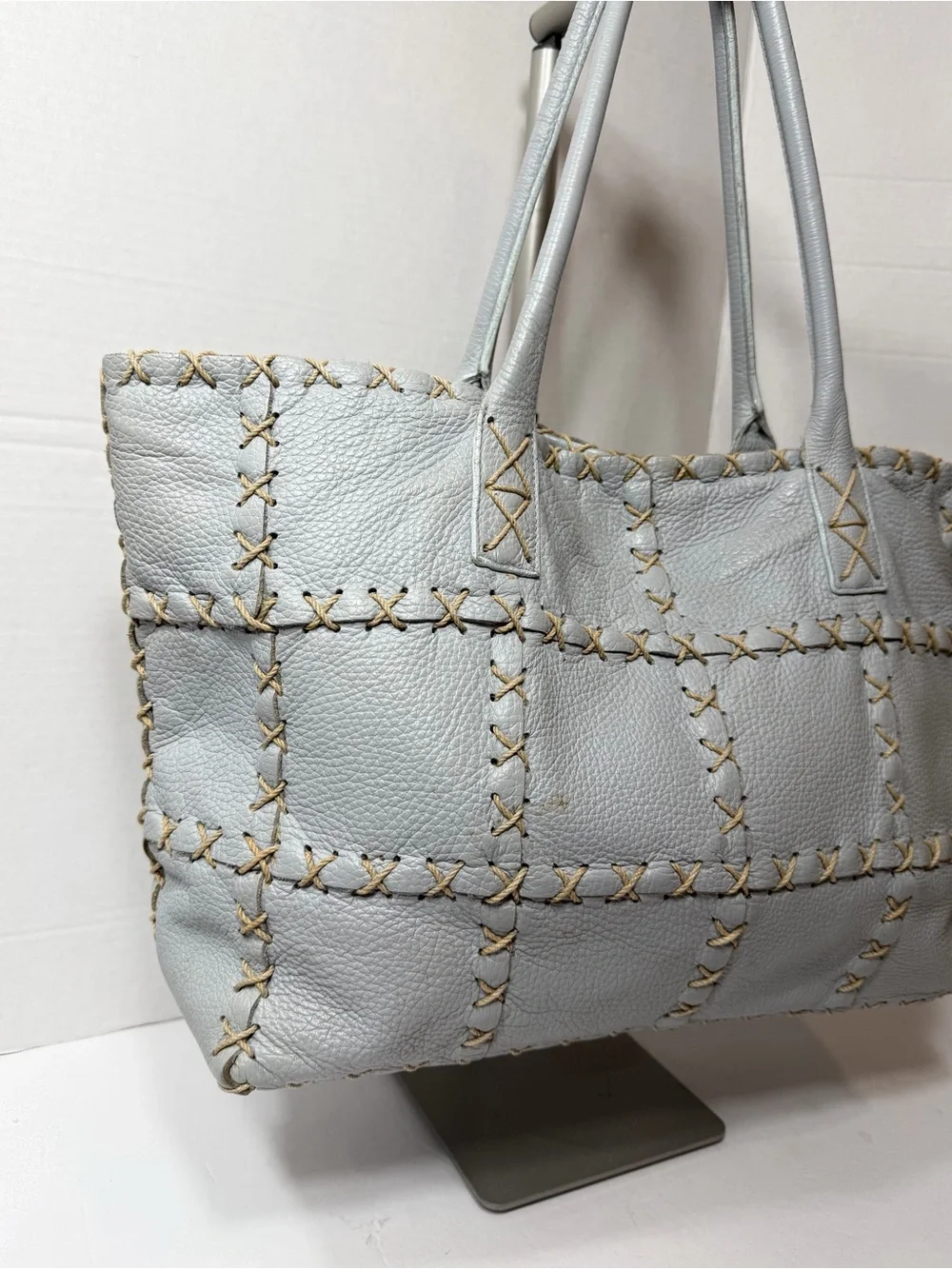 BERGE ITALY LEATHER SQUARE STITCH PURSE PALE BLUE HOBO - Picture 3 of 7